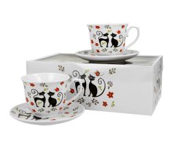 DUO ANIMALS 2er-Set Tassen 250 ml ETNO CATS mit Untertassen, New Bone China Porzellan