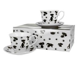 DUO ANIMALS 2er-Set Tassen 250 ml BLACK CATS mit Untertassen, New Bone China Porzellan