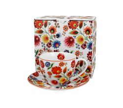 DUO ETNO 33991 Tasse 250 ml mit Untertasse ŁOWICZ mit Untertasse, New Bone China Porzellan