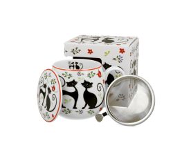 DUO ANIMALS Fassbecher 430 ml ETNO CATS mit Teesieb, New Bone China Porzellan