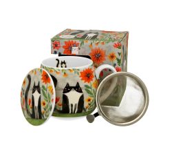 DUO ART GALLERY Fassbecher 430 ml CAT'S WORLD – MEADOW mit Teesieb, New Bone China Porzellan