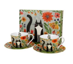 DUO ANIMALS 2er-Set Tassen 230 ml CAT'S WORLD – MEADOW mit Untertassen, New Bone China Porzellan