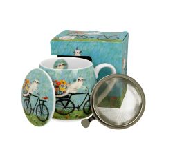 DUO ART GALLERY Fassbecher 430 ml CAT'S WORLD – BICYCLE mit Teesieb, New Bone China Porzellan