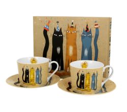 DUO ANIMALS 2er-Set Tassen 230 ml CAT'S WORLD – PARTY mit Untertassen, New Bone China Porzellan