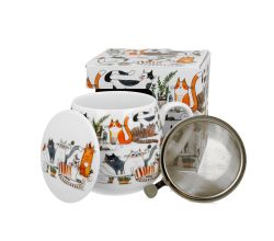 DUO ART GALLERY Fassbecher 430 ml CAT'S WORLD – LAZY CATS mit Teesieb, New Bone China Porzellan