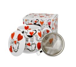DUO ANIMALS Fassbecher 430 ml CAT’S WORLD – HEARTS mit Teesieb, New Bone China Porzellan