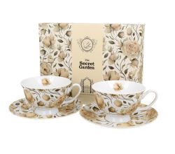 DUO FLORAL 2er-Set königliche Tassen 250 ml ENGLISH ROSES WHITE mit Untertassen, New Bone China Porzellan