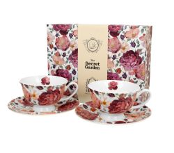 DUO FLORAL 2er-Set königliche Tassen 250 ml SPRING ROSES WHITE mit Untertassen, New Bone China Porzellan