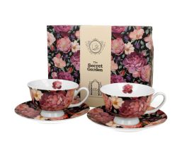 DUO FLORAL 2er-Set königliche Tassen 250 ml SPRING ROSES BLACK mit Untertassen, New Bone China Porzellan