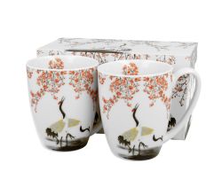 DUO ART GALLERY 2er-Set klassische Becher 350 ml SAKURA & CRANES New Bone China Porzellan