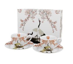 DUO ART GALLERY 2er-Set Espressotassen 90 ml SAKURA & CRANES mit Untertassen, New Bone China Porzellan