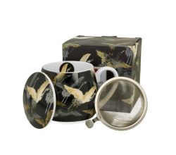DUO ART GALLERY Fassbecher 430 ml CRANES AT NIGHT mit Teesieb, New Bone China Porzellan