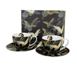 DUO ART GALLERY 2er-Set Tassen 280 ml CRANES AT NIGHT mit Untertassen, New Bone China Porzellan