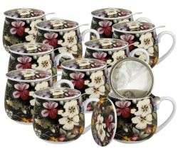 10er SET DUO ART GALLERY Fassbecher 430 ml BLACK mit Teesieb, New Bone China Porzellan
