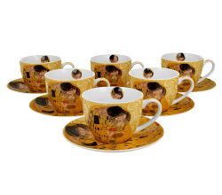 DUO ART GALLERY 6er-Set Tassen 220 ml THE KISS ECRU mit Untertassen, New Bone China Porzellan