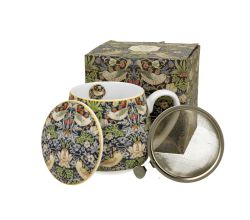 DUO ART GALLERY Fassbecher 430 ml STRAWBERRY THIEF BLUE mit Teesieb, New Bone China Porzellan
