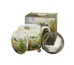 DUO ART GALLERY Fassbecher 430 ml THE GARDEN AT ARGENTEUIL mit Teesieb, New Bone China Porzellan