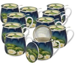 10er SET DUO ART GALLERY Fassbecher 430 ml NENUFARS mit Teesieb, New Bone China Porzellan