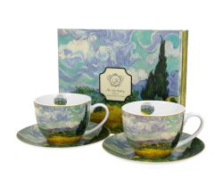 DUO ART GALLERY 2er-Set Tassen 250 ml WHEAT FIELD mit Untertassen, New Bone China Porzellan
