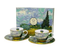 DUO ART GALLERY 2er-Set Espressotassen 90 ml WHEAT FIELD mit Untertassen, New Bone China Porzellan