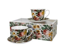 DUO FLORAL 2er-Set Tassen 250 ml SPRING mit Untertassen, New Bone China Porzellan