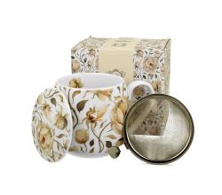 DUO FLORAL Fassbecher 430 ml ENGLISH ROSES WHITE mit Teesieb, New Bone China Porzellan