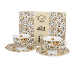 DUO FLORAL 2er-Set Espressotassen 100 ml ENGLISH ROSES WHITE mit Untertassen, New Bone China Porzellan