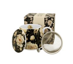 DUO FLORAL Fassbecher 430 ml ENGLISH ROSES BLACK mit Teesieb, New Bone China Porzellan