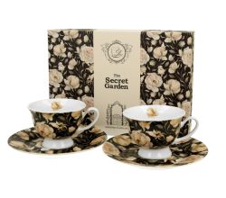 DUO FLORAL 2er-Set Espressotassen 100 ml ENGLISH ROSES BLACK mit Untertassen, New Bone China Porzellan