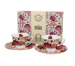 DUO FLORAL 2er-Set Espressotassen 100 ml SPRING ROSES WHITE mit Untertassen, New Bone China Porzellan