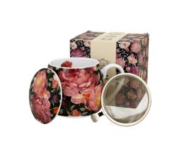 DUO FLORAL Fassbecher 430 ml SPRING ROSES BLACK mit Teesieb, New Bone China Porzellan