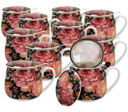 10er SET DUO FLORAL Fassbecher 430 ml SPRING ROSES BLACK mit Teesieb, New Bone China Porzellan