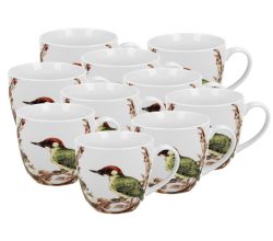 10er SET DUO ANIMALS Becher 460 ml PAINTED WOODPECKER in Tragetasche, New Bone China Porzellan