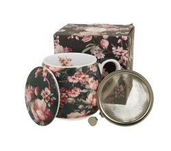 DUO FLORAL Fassbecher 430 ml NOEMI BLACK mit Teesieb, New Bone China Porzellan