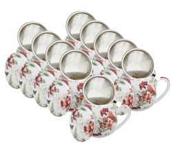 10er SET DUO FLORAL Fassbecher 430 ml LUCIA mit Teesieb, New Bone China Porzellan