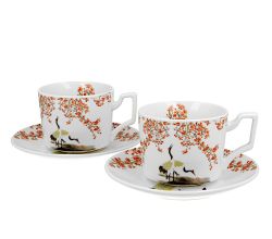 DUO ART GALLERY 2er-Set Tassen mit Untertassen SAKURA & CRANES 270 ml, New Bone China Porzellan