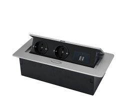 THEBO Aluminium Tischsteckdose APS 11 USB mit 2 Steckdosen Schuko und USB Ladestation