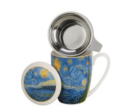 DUO ART GALLERY Becher 360 ml mit Teesieb STARRY NIGHT inspired by Van Gogh, New Bone China Porzellan