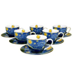 DUO ART GALLERY 6er-Set Tassen 250 ml mit Untere STARRY NIGHT inspired by Van Gogh, New Bone China Porzellan