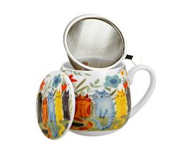 DUO ART GALLERY Fassbecher 430 ml CAT'S WORLD – GARDEN FELINES mit Teesieb, New Bone China Porzellan