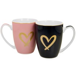 DUO 2er SET Becher 360 ml GOLD HEART - Pink & Dark Blue - New Bone China Porzellan