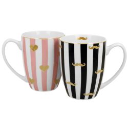 DUO 2er SET Becher 360 ml MOUSTACHE & SMALL HEARTS - New Bone China Porzellan