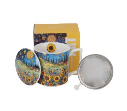 DUO Becher 450 ml mit Teesieb MODERN SUNFLOWER FIELD New Bone China Porzellan