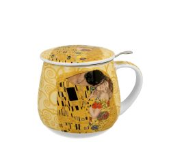 DUO ART GALLERY Becher 430 ml mit Teesieb THE KISS ECRU inspired by Gustav Klimt New Bone China Porzellan