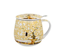 DUO ART GALLERY Becher 430 ml mit Teesieb TREE OF LIFE ECRU inspired by Gustav Klimt New Bone China Porzellan