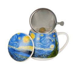 DUO ART GALLERY Fassbecher 430 ml mit Teesieb STARRY NIGHT inspired by Van Gogh, New Bone China Porzellan
