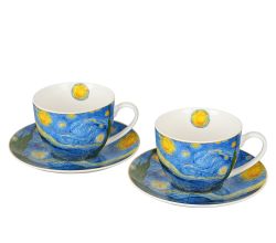 DUO ART GALLERY 2er-Set Tasse mit Untertasse STARRY NIGHT inspired by Van Gogh, New Bone China Porzellan
