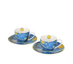 DUO ART GALLERY 2er-Set Espressotasse mit Untertasse STARRY NIGHT inspired by Van Gogh, New Bone China Porzellan