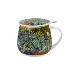 DUO ART GALLERY Fassbecher 430 ml mit Teesieb IRISES inspired by Van Gogh, New Bone China Porzellan