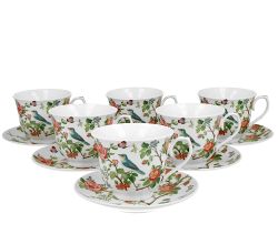 DUO CROCUS Kollektion 6er-Set Tassen BIRDS ON A BRANCH mit Untertasse, New Bone China Porzellan